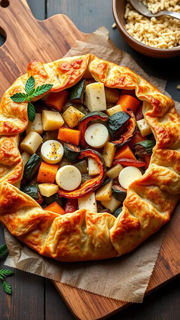 A roasted vegetable and cheese galette with a flaky crust and colorful filling, served on a wooden cutting board.