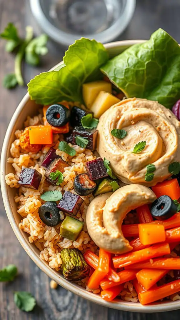 A colorful bowl filled with rice, roasted vegetables, hummus, and fresh greens.