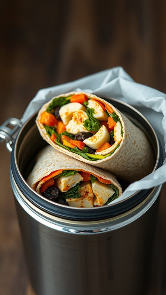 A close-up of two roasted vegetable and hummus wraps inside a thermos.