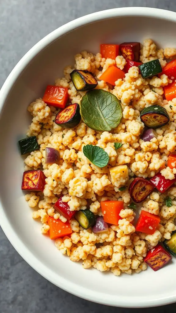 A bowl of roasted vegetable couscous with colorful diced vegetables.