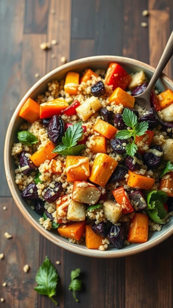 A colorful bowl of roasted vegetable quinoa salad with sweet potatoes, bell peppers, and herbs.