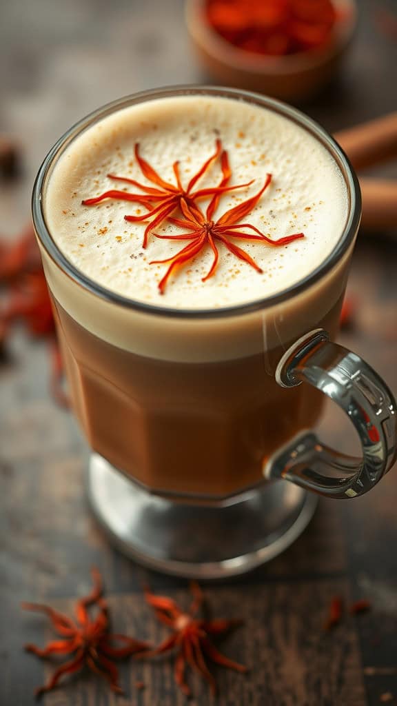 A beautifully prepared Saffron Chai Latte with saffron strands on top, set against a rustic background.