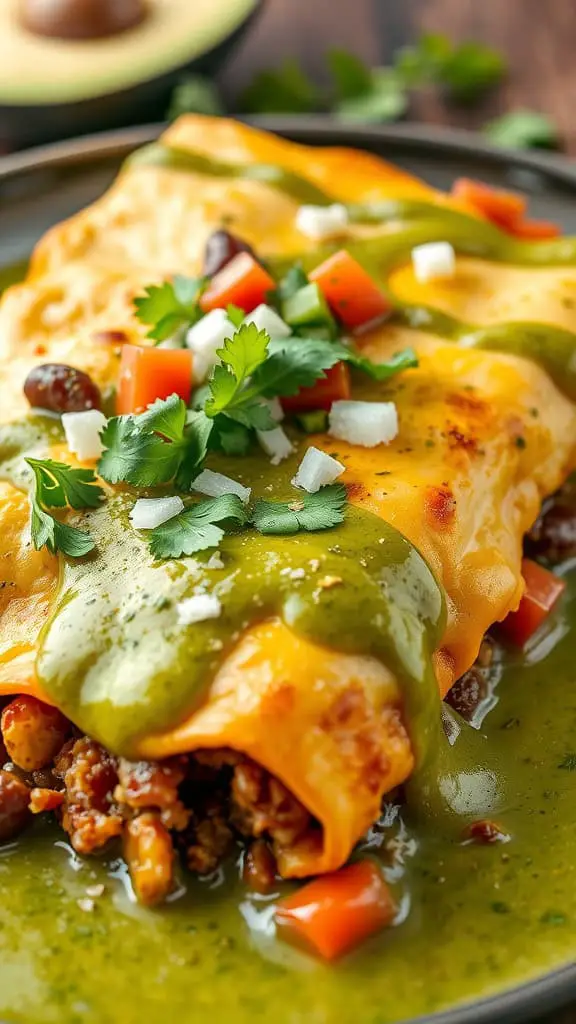 A colorful plate of Salsa Verde Beef Enchilada Casserole topped with fresh ingredients