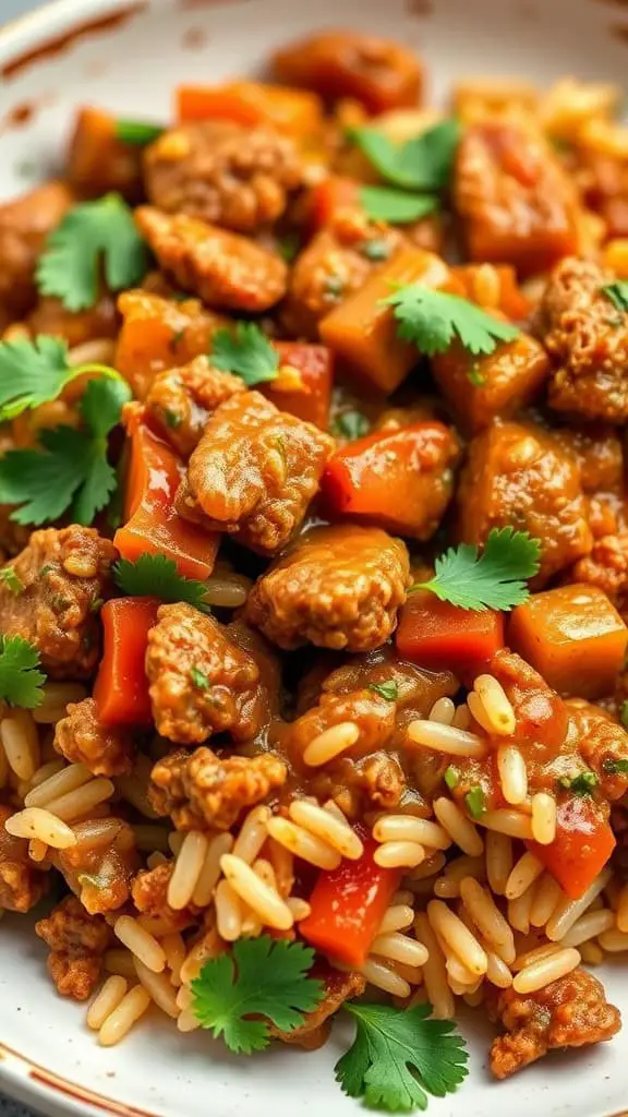 A colorful dish of ground beef and rice topped with cilantro, featuring vibrant vegetables and a rich sauce.