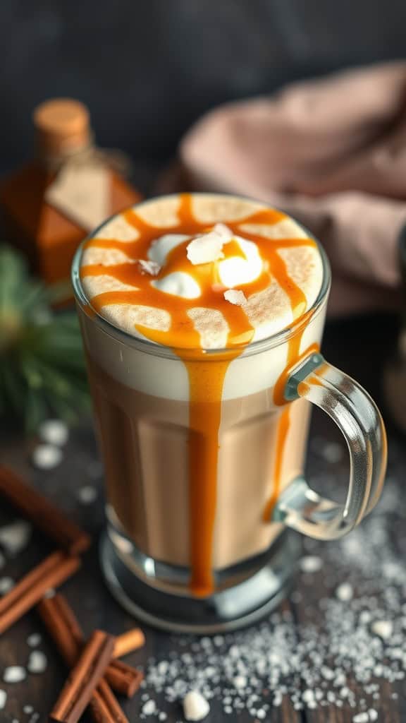 A creamy Salted Caramel Chai Latte in a glass mug, topped with whipped cream and caramel drizzle, surrounded by cinnamon sticks and decorative elements.