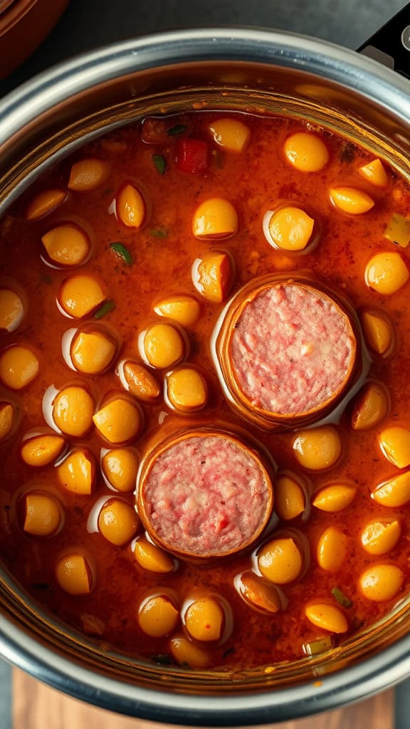 A close-up of sausage and lentil soup in a thermos, showcasing lentils and sausage slices.