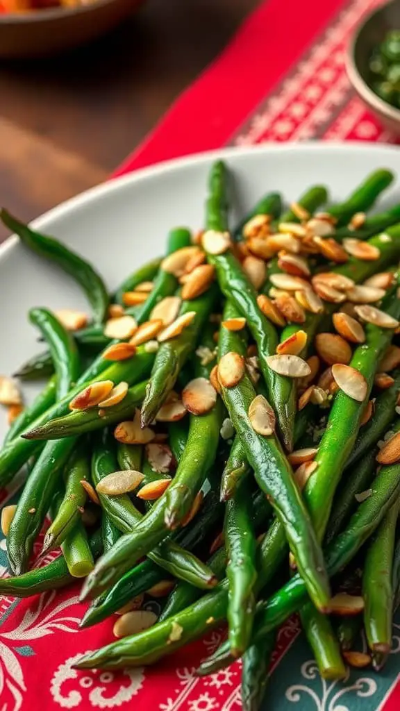 A plate of sautéed green beans topped with sliced almonds, served on a colorful tablecloth.