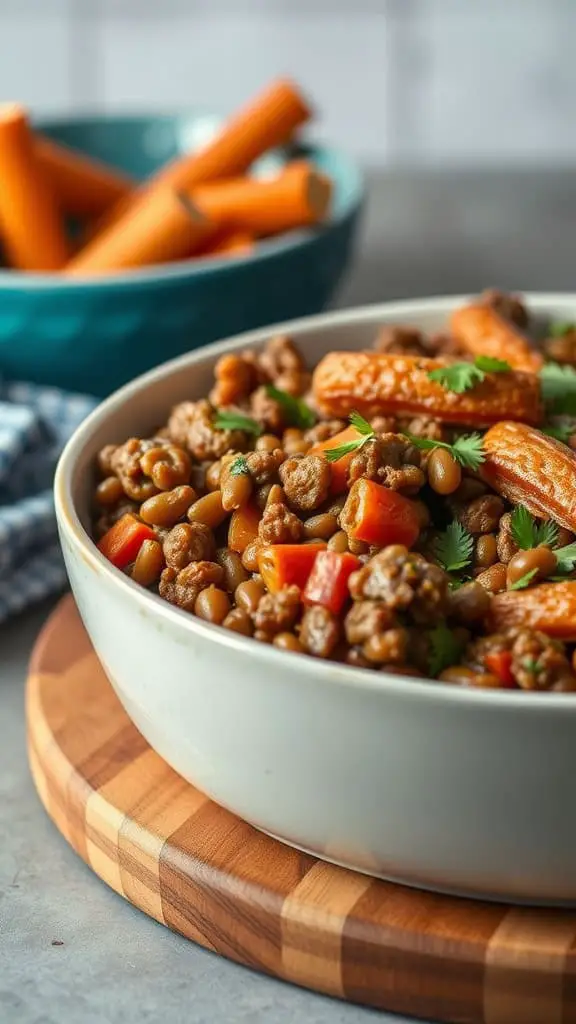 A hearty beef and lentil casserole with carrots and peppers in a bowl, served on a wooden cutting board.