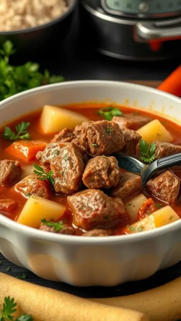 A bowl of savory beef and potato stew with tender meat and vegetables