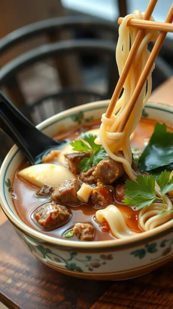 A bowl of savory beef noodle soup with noodles and chunks of beef, garnished with herbs.