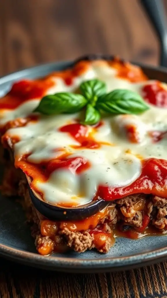 A delicious eggplant and ground beef casserole topped with melted cheese and fresh basil.