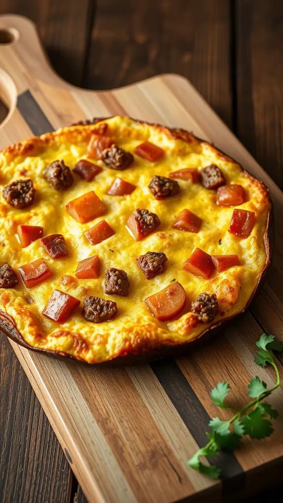 A delicious ground beef and potato frittata on a wooden cutting board.