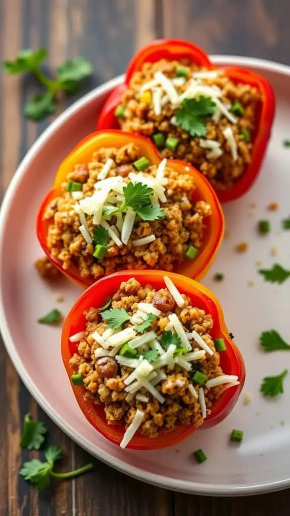 Colorful stuffed peppers filled with ground beef and quinoa, topped with cheese and herbs.