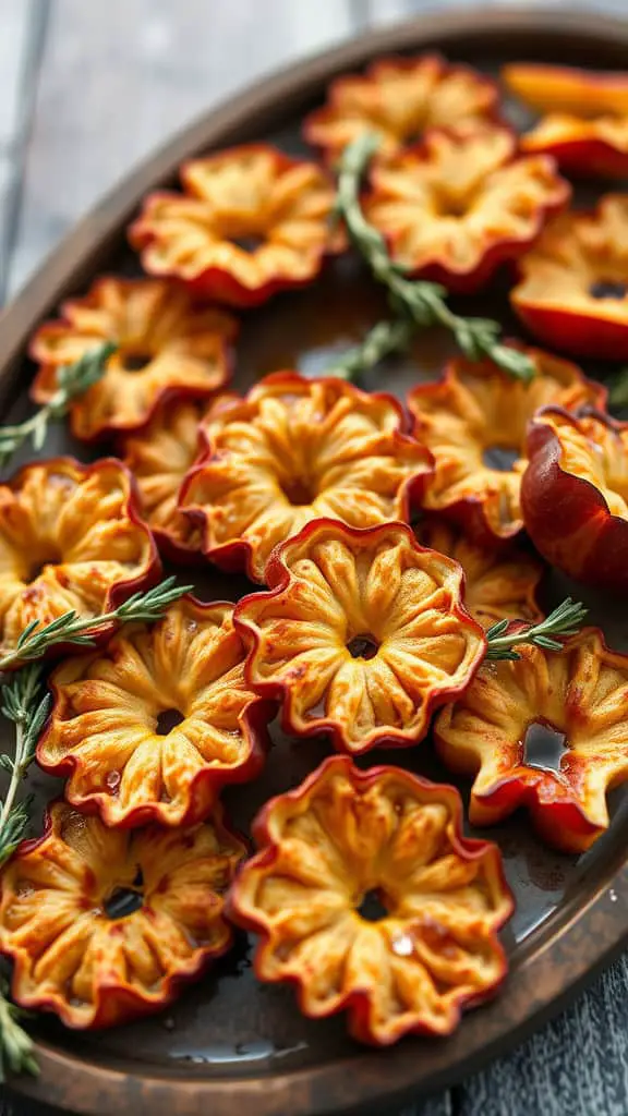 Savory herb-infused apple crisps arranged on a tray, showcasing their golden color and unique shape.