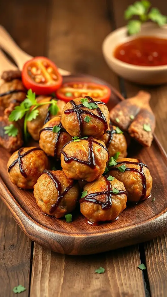 A wooden platter filled with golden brown Mongolian beef meatballs drizzled with sauce, garnished with cilantro and served with a side of dipping sauce.