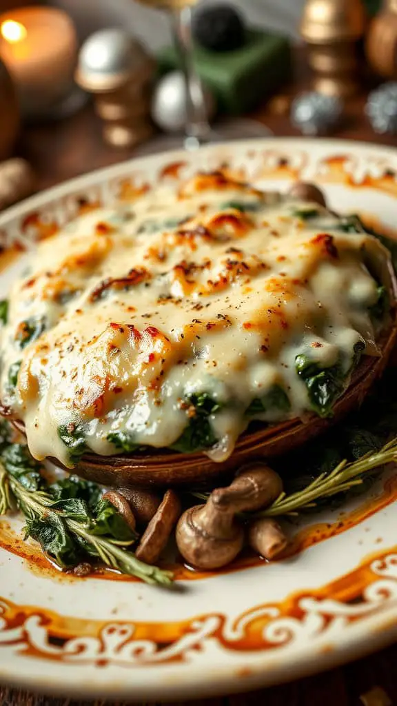 A savory mushroom and spinach bake topped with melted cheese, served on a decorative plate with mushrooms and spinach around it.