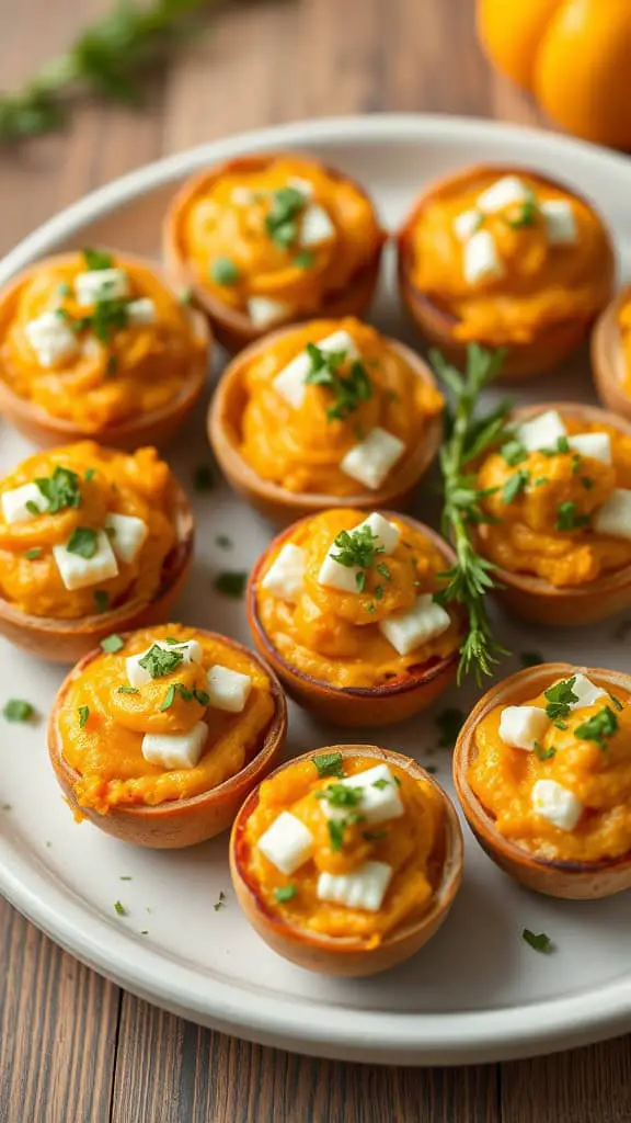 Plate of savory pumpkin cheese bites topped with cheese cubes and herbs