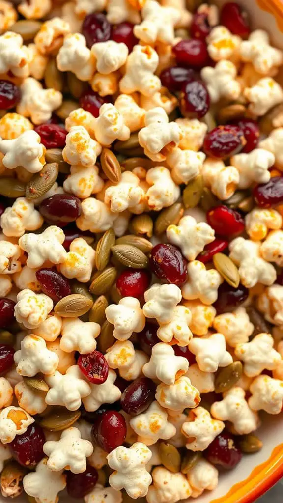 A colorful mix of popcorn, pumpkin seeds, and dried cranberries.