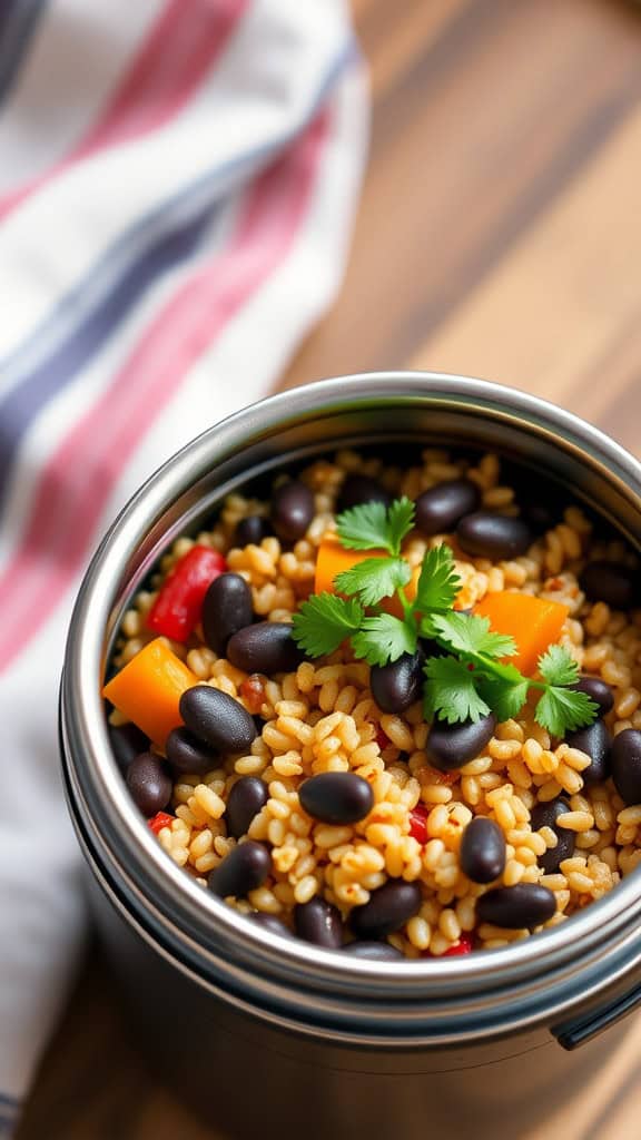 A thermos filled with quinoa and black beans, topped with cilantro and colorful bell peppers.