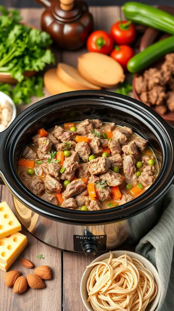 A slow cooker filled with beef stroganoff, surrounded by fresh vegetables and spaghetti