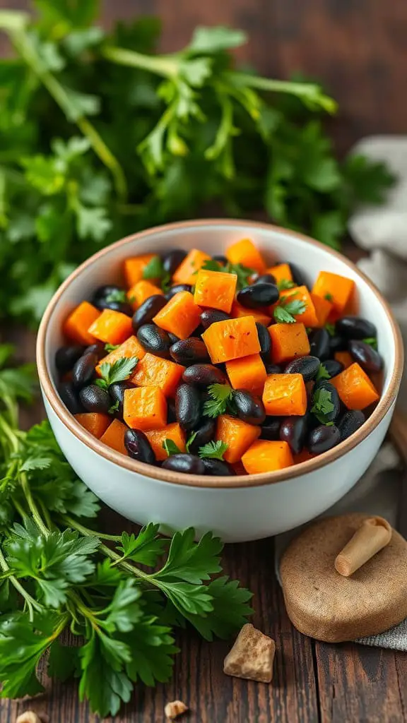 A bowl of sweet potato and black bean salad with fresh herbs.