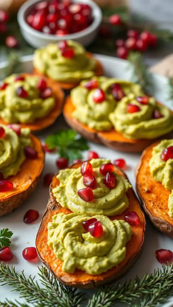 Savory sweet potato rounds topped with avocado spread and pomegranate seeds, garnished with fresh herbs.