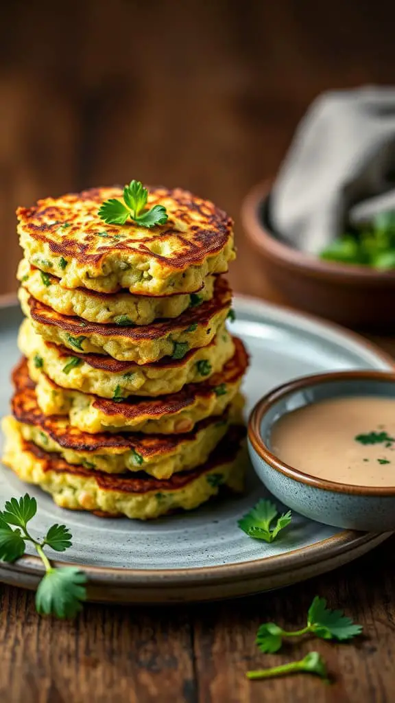 A stack of savory zucchini fritters on a plate with a small bowl of dipping sauce.