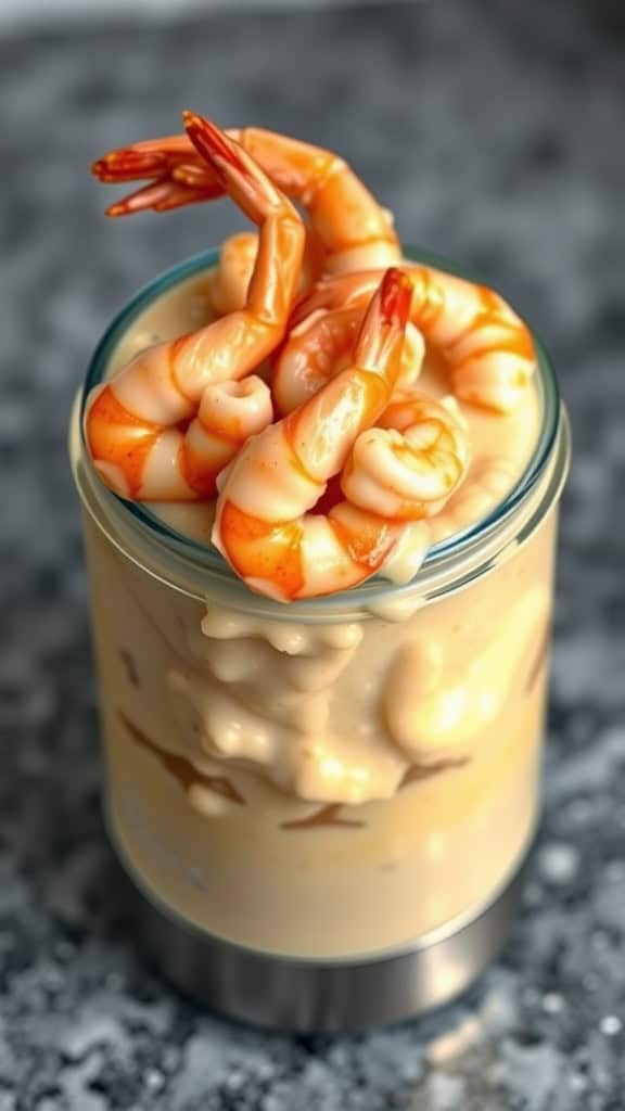 A delicious serving of shrimp atop creamy grits in a glass container.