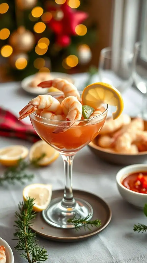 A festive shrimp cocktail with spicy sauce, garnished with lemon, sitting beside a beautifully decorated Christmas tree.