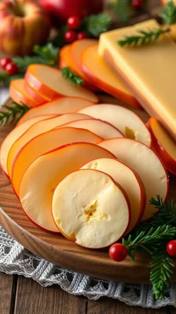 A wooden platter with sliced apples and cheddar cheese, garnished with greenery and berries.