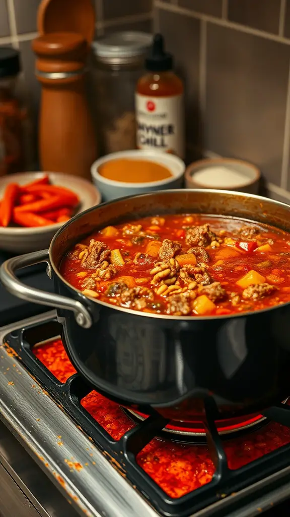 A pot of Smoky Chipotle Ground Beef Chili simmering on the stovetop with ingredients in the background