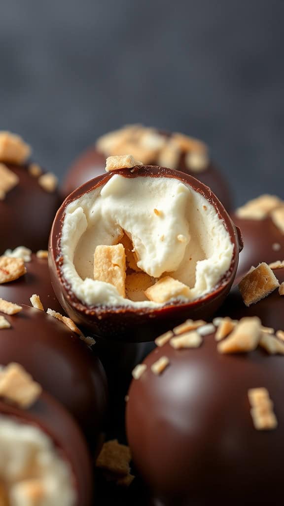 S'mores inspired banana bites covered in chocolate with a creamy filling, topped with crispy bits.