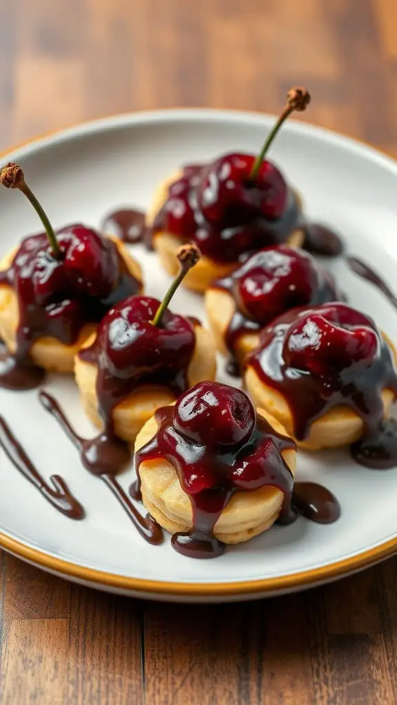 Plate of Sour Cherry Dark Chocolate Banana Bites topped with cherries and chocolate sauce