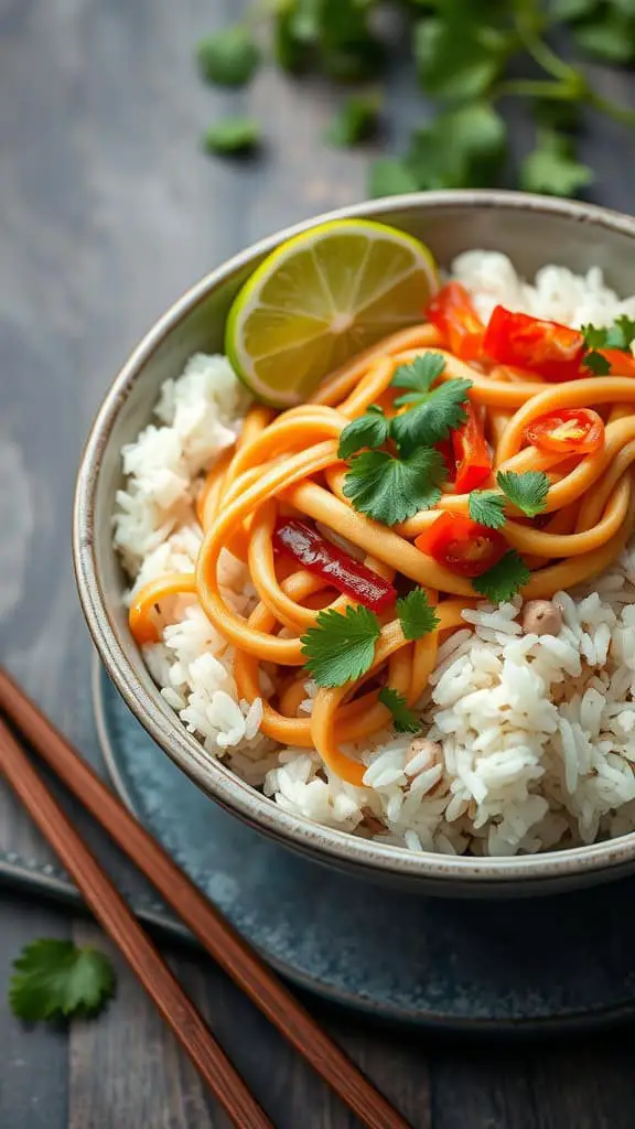 A bowl of rice topped with noodles, cilantro, lime, and red chili, showcasing a vibrant Southeast Asian dish.