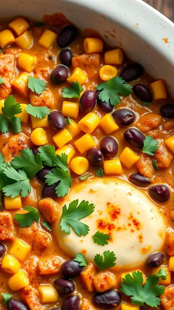 A colorful Southwestern Black Bean Casserole with black beans, corn, and fresh cilantro.