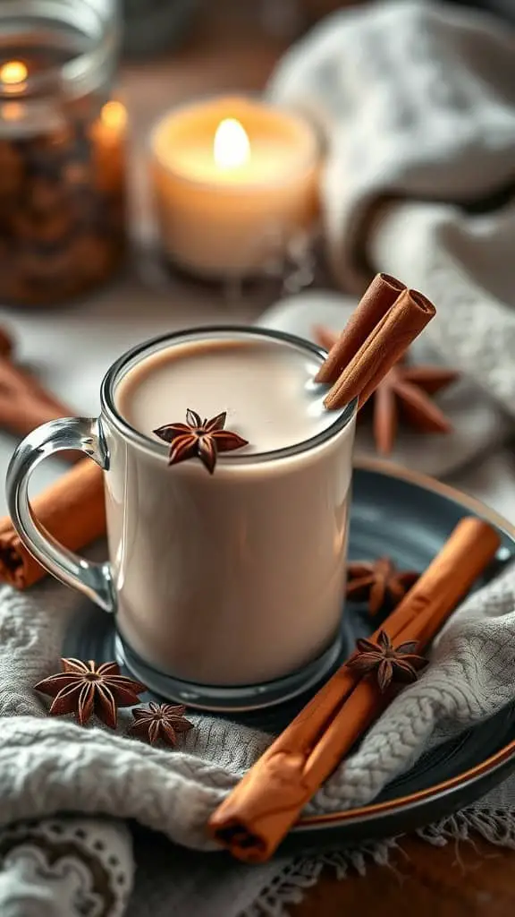 A cozy cup of spiced almond milk hot chocolate with cinnamon sticks and star anise on a textured cloth.