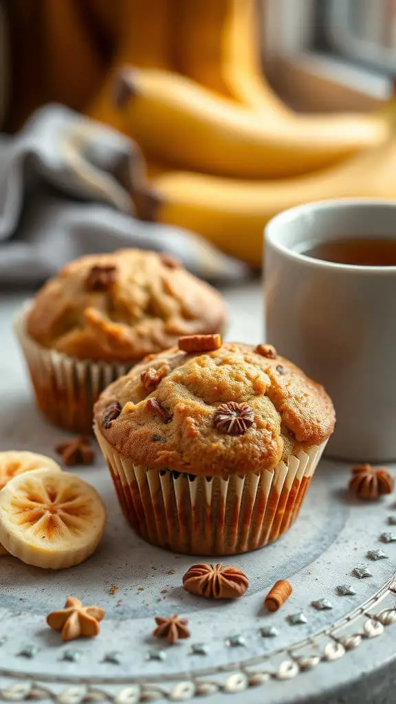 A close-up of spiced banana muffins with a cup of coffee and bananas in the background.