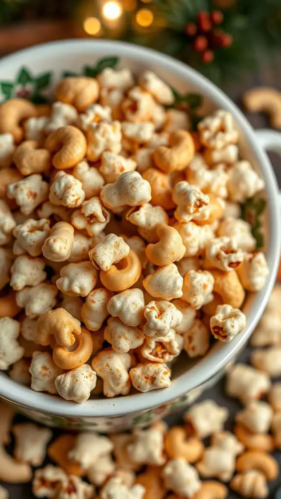 A bowl filled with popcorn and cashews, creating a spiced crunch snack.