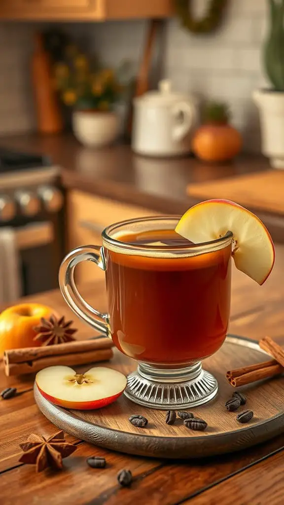 A glass of spiced chai apple infusion with apple slices and spices, set on a wooden platter.