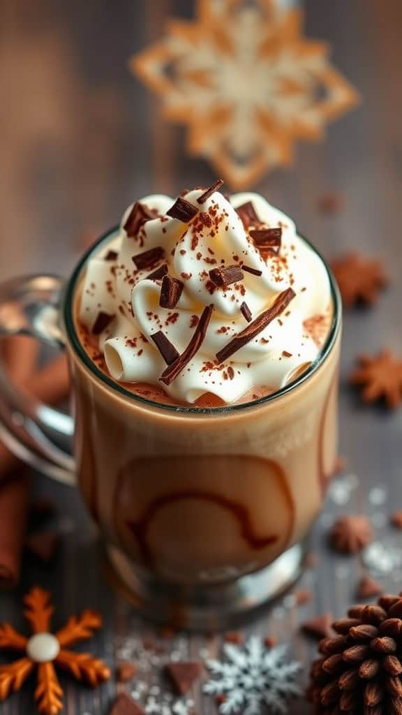 A glass mug of rich honey mocha topped with whipped cream, cocoa powder, and a sprinkle of spices, with chocolate shavings and a honey jar in the background.