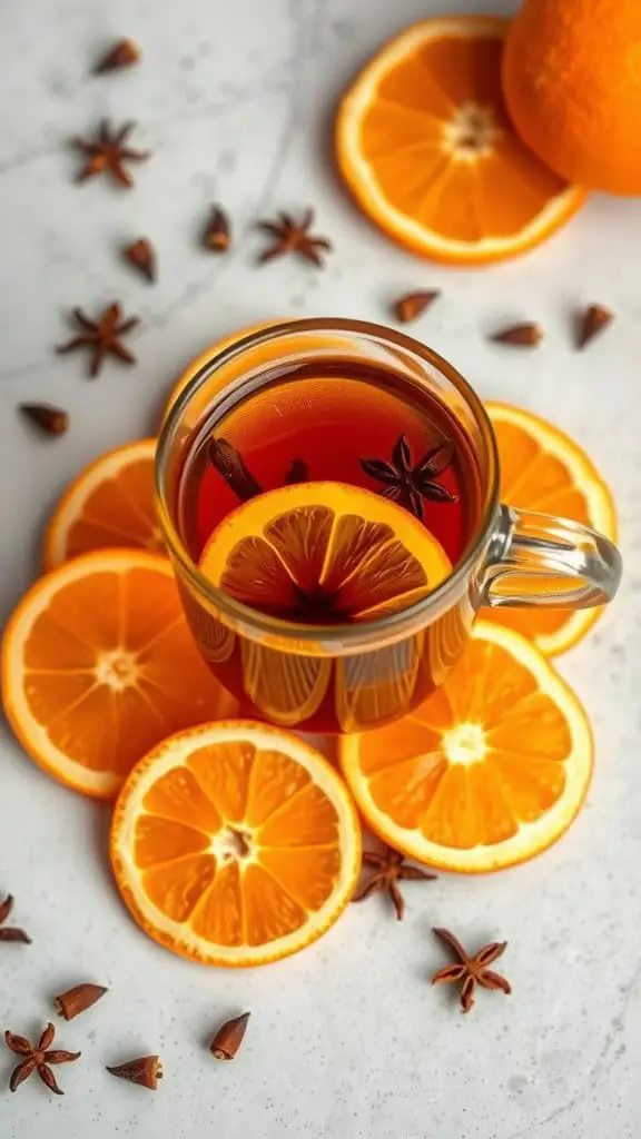 A clear glass of spiced orange herbal tea surrounded by fresh orange slices and star anise.