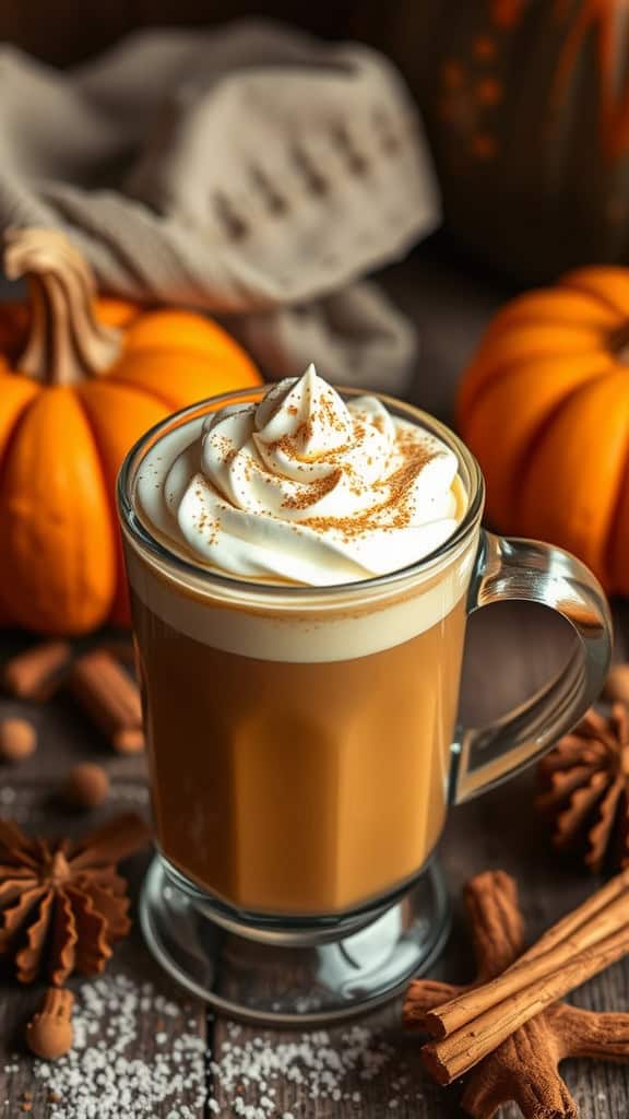 A spiced pumpkin chai latte in a glass mug topped with whipped cream and cinnamon, surrounded by pumpkins and spices.