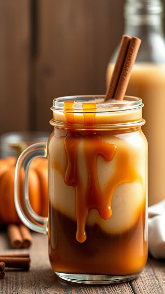 A glass of spiced pumpkin cold brew topped with caramel drizzle and cinnamon sticks, surrounded by pumpkins and cinnamon on a wooden table.