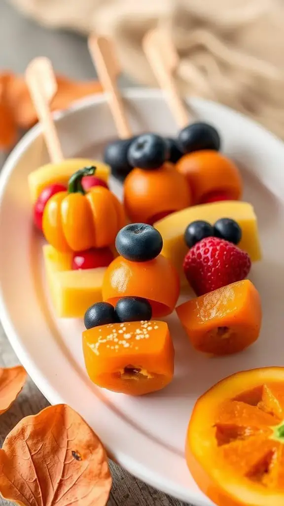 Colorful spiced pumpkin fruit skewers arranged on a plate, featuring pumpkin bites, sweet peppers, blueberries, and strawberries.