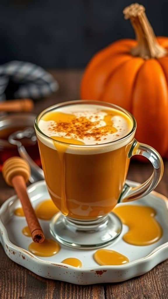 A warm Spiced Pumpkin Latte with honey, topped with cream and cinnamon, beside a pumpkin.