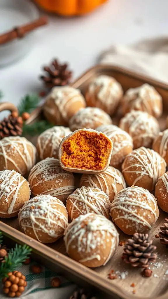 A tray of spiced pumpkin pie truffles, some drizzled with icing, with one truffle cut in half to show its pumpkin filling.