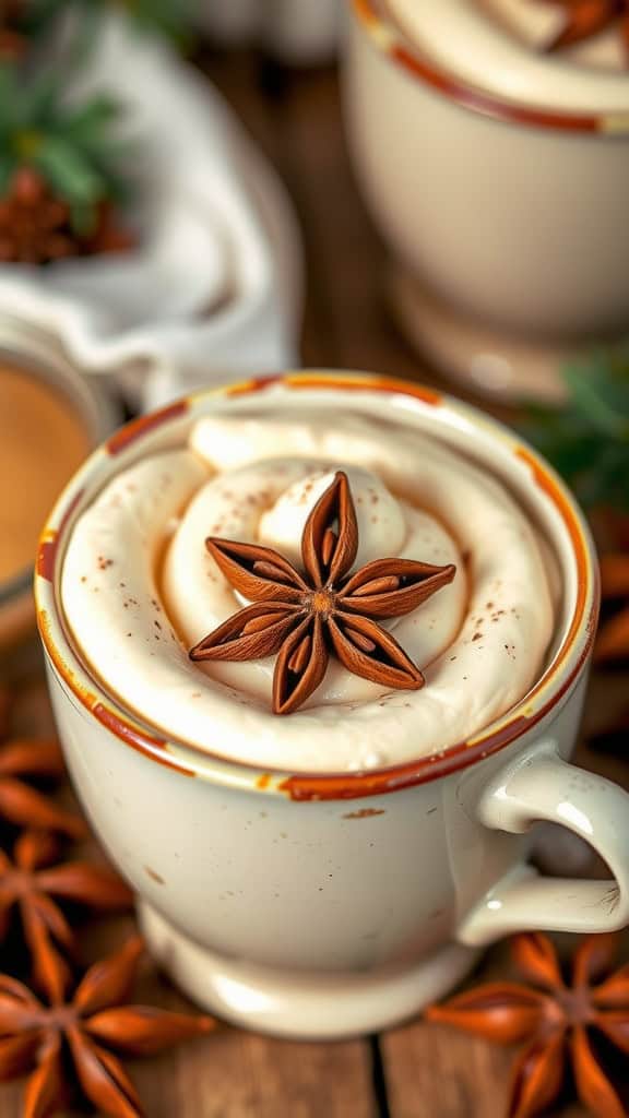 Cup of Spiced Rum Eggnog Mousse topped with whipped cream and star anise