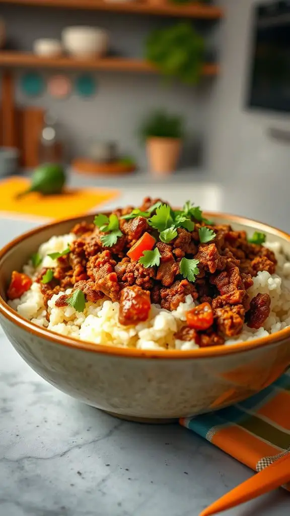 A bowl of spicy beef served over cauliflower rice, garnished with cilantro and diced tomatoes, on a kitchen countertop.