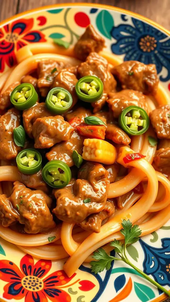 A colorful plate of Spicy Beef Stroganoff featuring noodles, beef chunks, and sliced jalapeños.