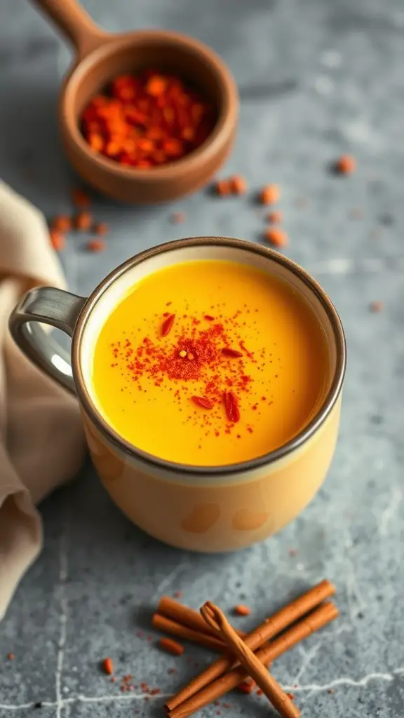 A warm mug of Spicy Cayenne Golden Milk topped with cayenne pepper, surrounded by cinnamon sticks and goji berries.